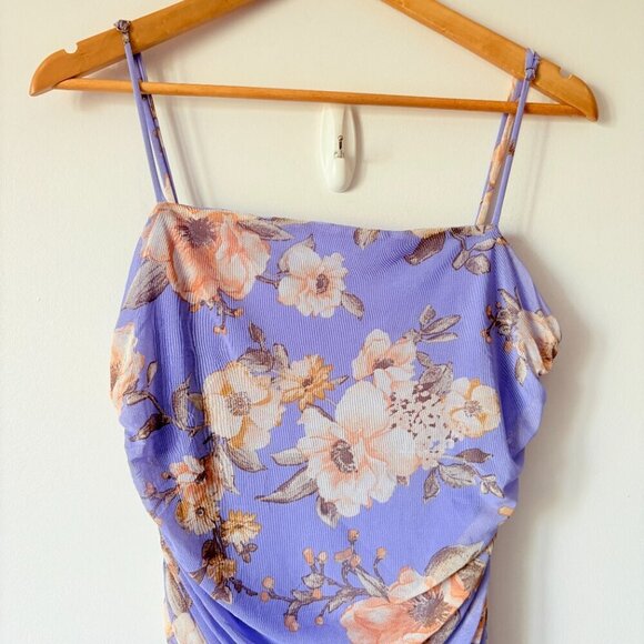 Lulus Stun and Only Lilac Floral Print Ruched Mesh Bodycon Midi Dress NWT XL - Picture 8 of 11